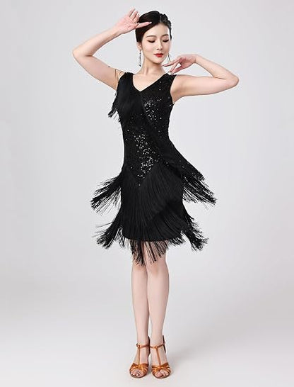 Women Sexy Fringe Latin Dance Dress Sequins Flapper Tassel Jazz Costume Sleeveless V-Neck Dancing Party Outfit