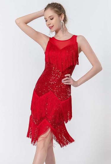Women's Salsa Latin Dance Dress Glitter Sequin Fringe Flapper Party Ballroom Outfit
