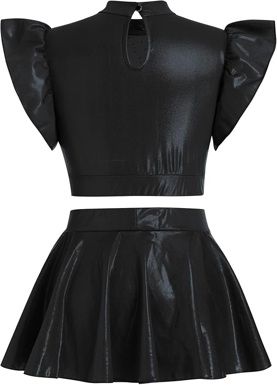 Women Metallic Dance Dress Ruffle Sleeve Crop Top Mini Dance Short Half Skirt Adult Lyrical Costume