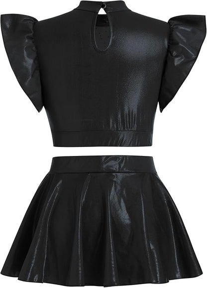 Women Metallic Dance Dress Ruffle Sleeve Crop Top Mini Dance Short Half Skirt Adult Lyrical Costume