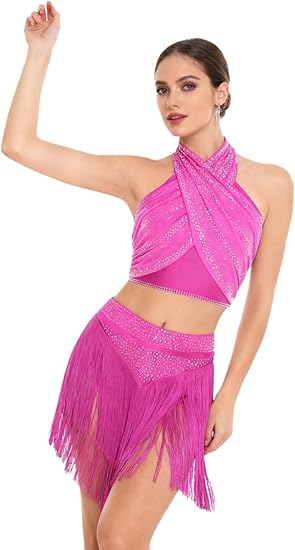 Women Tassel Chacha Samba Performance Rhinestone Dress Latin Dance Costume Fringe Salsa Dance Outfit