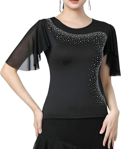Womens Latin Dance Costume Rhinestone Flared Sleeves Stage Performance Ballroom Dancing Tops