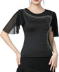 Womens Latin Dance Costume Rhinestone Flared Sleeves Stage Performance Ballroom Dancing Tops