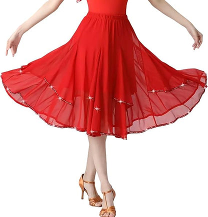Latin Dance Skirt Modern Dance Big Swing Skirt Ballroom Dance Mesh Sequins Performance Costume