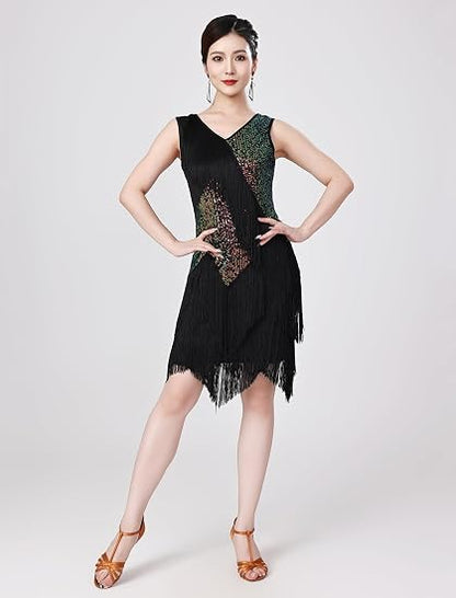 Women Sexy Fringe Latin Dance Dress Sequins Flapper Tassel Jazz Costume Sleeveless V-Neck Dancing Party Outfit