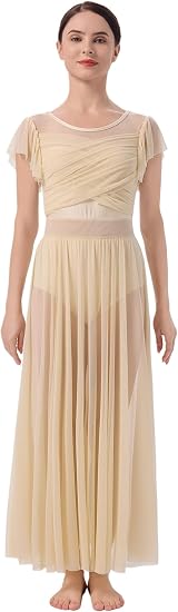 Lyrical Dance Costume for Women Mesh Ruffle Cutout Lyrical Dress Flowy Tulle Skirt Contemporary Dance Costumes XS-XL