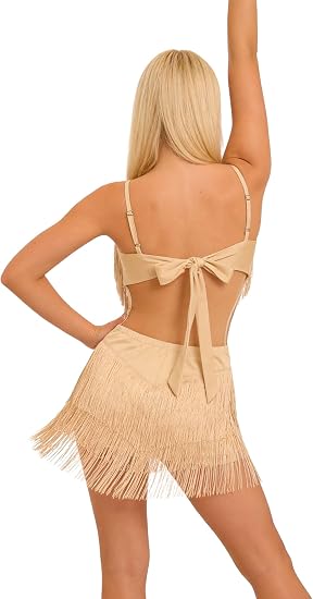 ODIZLI Women's Fringe Rhinestone Latin Dance Dress Leotard- Adjustable Spaghetti Straps V Neck Tie Back Salsa Ballroom Dance