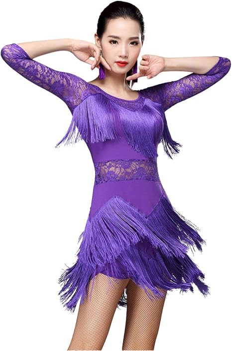 Women's Fringed Ballroom Costume Lace Round Neck 1/2 Sleeve Tango Salsa Latin Dance Dress with Shorts