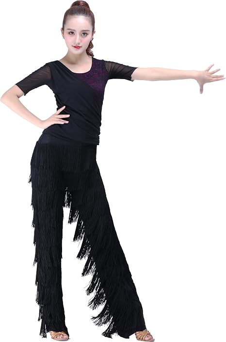 Women's 11 Tiers of Fringe Ballroom Latin Dance Pants Tango Salsa Practice Performance Trousers