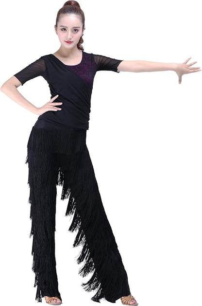 Women's 11 Tiers of Fringe Ballroom Latin Dance Pants Tango Salsa Practice Performance Trousers