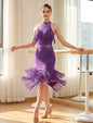 Sparkle Rhinestones Latin Dance Dress for Women Halter Tassel Sequin Fringe Flapper Dress 1920s Lace Ballroom Dance Costume