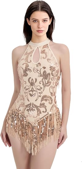 Womens Sequin Fringe Bodysuit / Latin Jazz Dance Costume