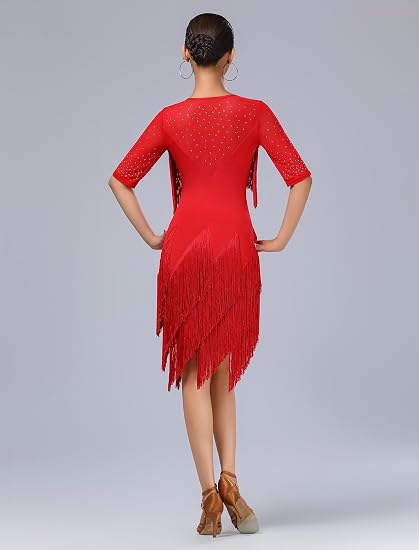 Rhinestones Layered Fringe Dress Ballroom Latin Dance Dress for Women Tassel Flapper Dresses Salsa Dancing Costume