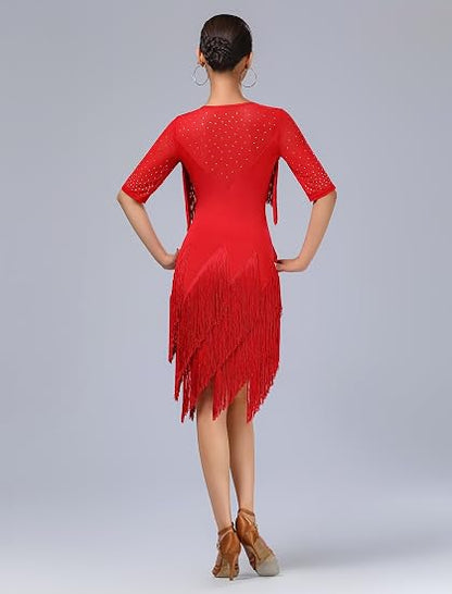 Rhinestones Layered Fringe Dress Ballroom Latin Dance Dress for Women Tassel Flapper Dresses Salsa Dancing Costume