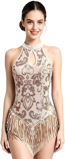 Women Halter Rhinestone Fringe Latin Dance Flapper Dress