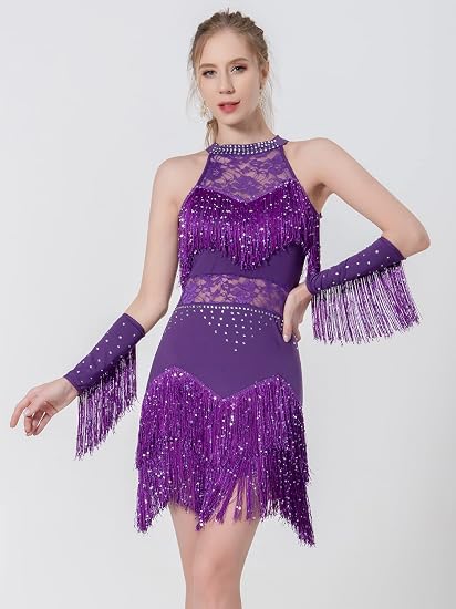 Women Latin Dress Lace Rhinestone Fringe Skirt Ballroom Salsa Cha Cha Dance Party Dress with Armband