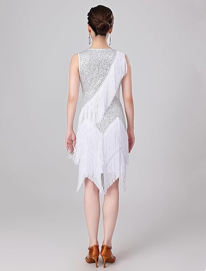 Women Sexy Fringe Latin Dance Dress Sequins Flapper Tassel Jazz Costume Sleeveless V-Neck Dancing Party Outfit