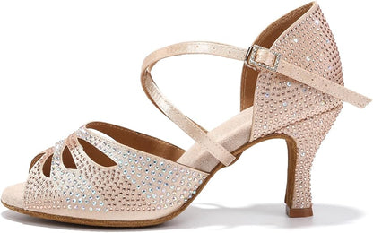 Women's Rhinestones Latin Ballroom Dance Shoes Ankle Strap Peep Toe
