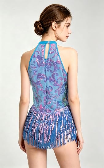 Women Halter Rhinestone Fringe Latin Dance Flapper Dress