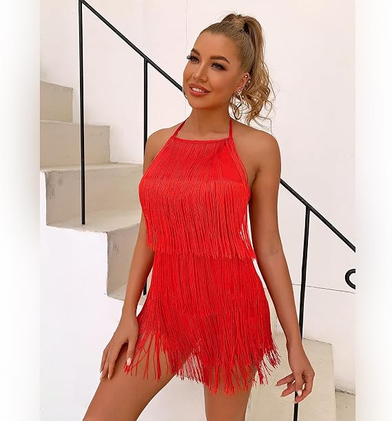 Women Halter Tassel Romper Backless Fringe Latin Dance Dress Evening Short Jumpsuit Dressy Ballroom Tie Back Playsuit