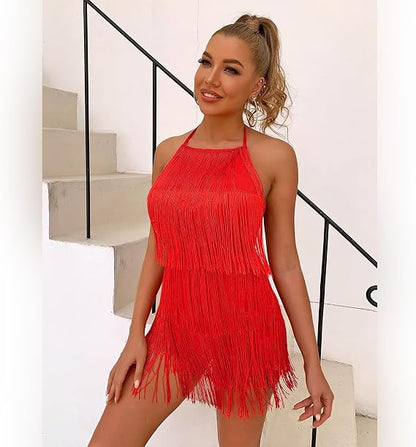 Women Halter Tassel Romper Backless Fringe Latin Dance Dress Evening Short Jumpsuit Dressy Ballroom Tie Back Playsuit