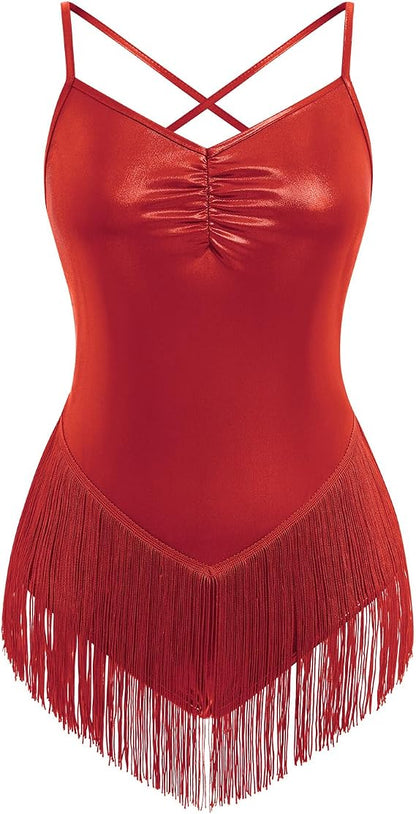 Glitter Metallic Fringe Bodysuit for Women Cross Back Leotard V Neck Tassel Romper Latin Jazz Dance Costume