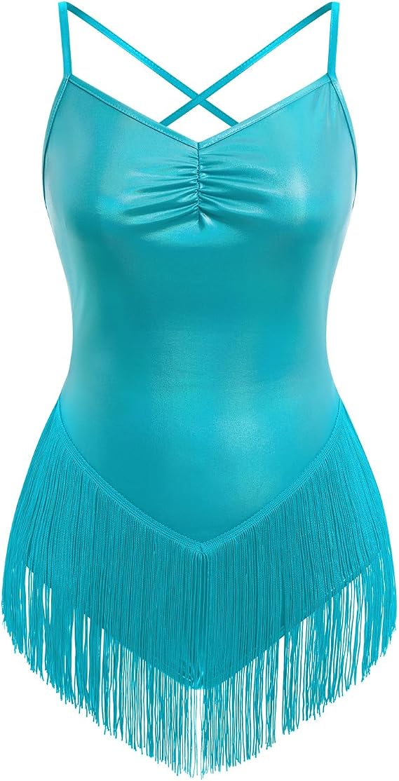 Glitter Metallic Fringe Bodysuit for Women Cross Back Leotard V Neck Tassel Romper Latin Jazz Dance Costume