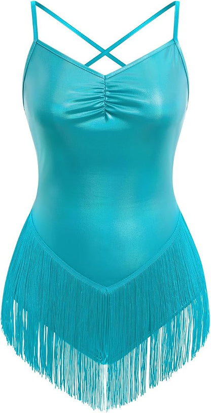 Glitter Metallic Fringe Bodysuit for Women Cross Back Leotard V Neck Tassel Romper Latin Jazz Dance Costume