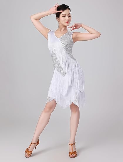 Women Sexy Fringe Latin Dance Dress Sequins Flapper Tassel Jazz Costume Sleeveless V-Neck Dancing Party Outfit