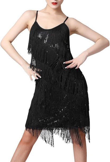 Women Sequin Tassel Dress Sleeveless Stand Collar Fringe Latin Salsa Cha Cha Jazz Dance Costume