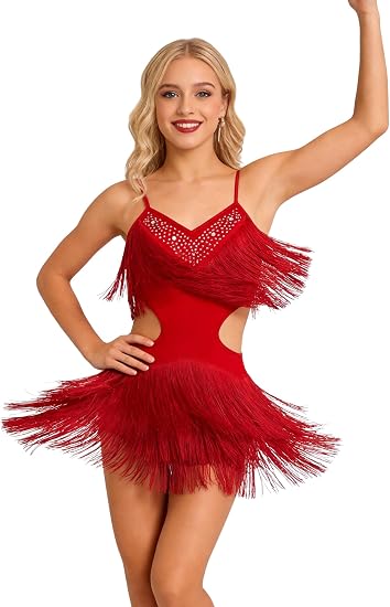 ODIZLI Women's Fringe Rhinestone Latin Dance Dress Leotard- Adjustable Spaghetti Straps V Neck Tie Back Salsa Ballroom Dance