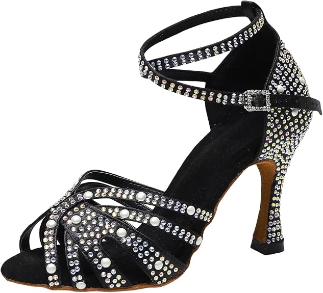 Women's Rhinestone Latin Dance Shoes - Comfortable Satin Salsa Bachata Heels for Wedding Party Performance & Practice (3'' Heel)