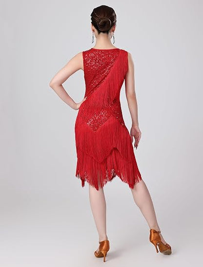 Women Sexy Fringe Latin Dance Dress Sequins Flapper Tassel Jazz Costume Sleeveless V-Neck Dancing Party Outfit