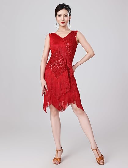 Women Sexy Fringe Latin Dance Dress Sequins Flapper Tassel Jazz Costume Sleeveless V-Neck Dancing Party Outfit