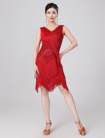 Women Sexy Fringe Latin Dance Dress Sequins Flapper Tassel Jazz Costume Sleeveless V-Neck Dancing Party Outfit