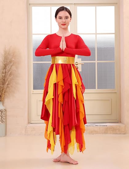 Metallic Praise Dance Dress for Women Asymmetrical Ruffle Overlay Liturgical Lyrical Worship Costume