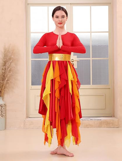 Metallic Praise Dance Dress for Women Asymmetrical Ruffle Overlay Liturgical Lyrical Worship Costume