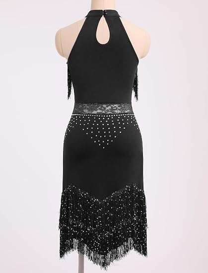 Sparkle Rhinestones Latin Dance Dress for Women Halter Tassel Sequin Fringe Flapper Dress 1920s Lace Ballroom Dance Costume