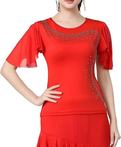 Womens Latin Dance Costume Rhinestone Flared Sleeves Stage Performance Ballroom Dancing Tops