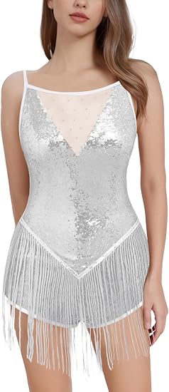 Shiny Sequin Fringe Bodysuit for Women Spliced Mesh Jumpsuit Sparkly Rhinestone Tassel Romper Latin Jazz Dance Costume