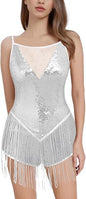 Shiny Sequin Fringe Bodysuit for Women Spliced Mesh Jumpsuit Sparkly Rhinestone Tassel Romper Latin Jazz Dance Costume