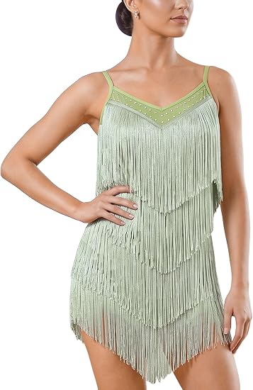 Rhinestone Latin Dance Dress for Women Fringe Bodysuit Tassel Leotard Fringe Romper Salsa Jazz Dance Costume