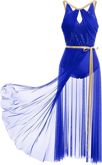 Lyrical Dance Costume for Women Lace Sleeveless Leotard Sheer Flowy Long Wrap Skirt 2pcs Outfit