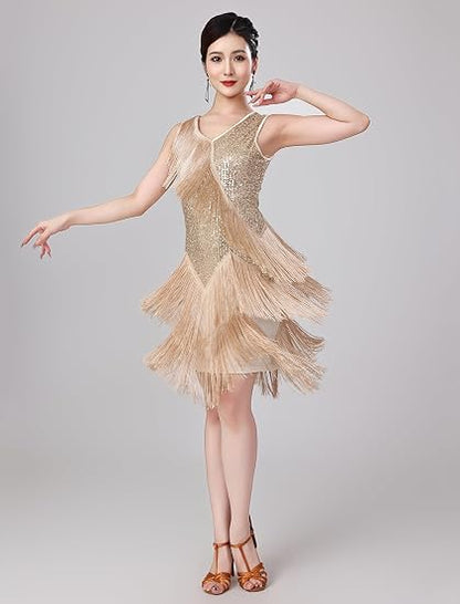 Women Sexy Fringe Latin Dance Dress Sequins Flapper Tassel Jazz Costume Sleeveless V-Neck Dancing Party Outfit