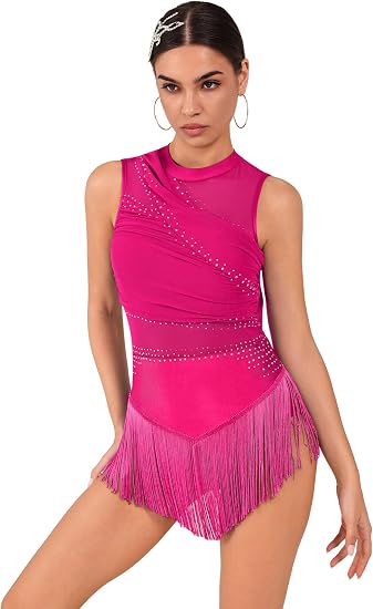 Rhinestone Fringe Bodysuit Women Sparkly Tassel Romper Dress Mesh Latin Jazz Dance Leotard Rave Outfits Disco Pole Dancewear