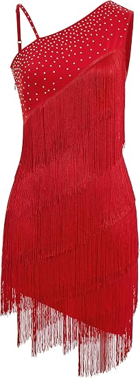 Women One Shoulder Fringe Latin Dance Dress Rhinestone Jazz Salsa Tassel Rave Costume Flapper Ballroom Dance Outfits