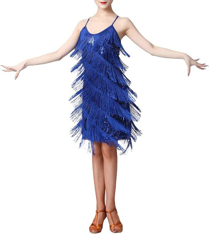 Women Sequin Tassel Dress Sleeveless Stand Collar Fringe Latin Salsa Cha Cha Jazz Dance Costume