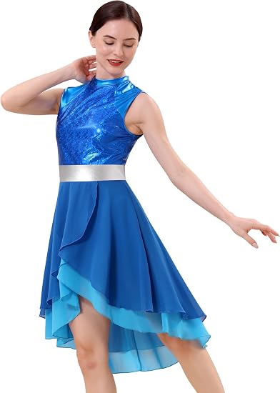 Metallic Color Block Praise Dance Overlay Dress for Women Asymmetrical Ruffle Worship Tunic Liturgical Dancewear