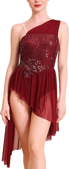 Lyrical Dance Dress for Women One Shoulder Sparkly Sequins Irregular Chiffon Skirt Contemporary Dance Outfits