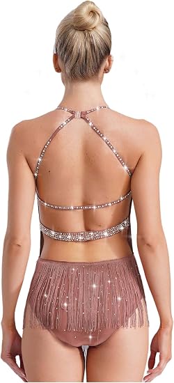 Women's Fringes Latin Dance Costume Halter Neck Sleeveless Bodysuit